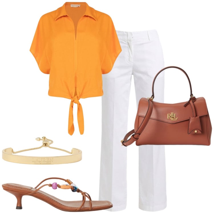 Outfit donna - City. Stile Casual chic per Tutti i giorni. Abbinamento con camicie a manica corta, pantaloni, borse a mano, sandali gioiello, braccialetti.
