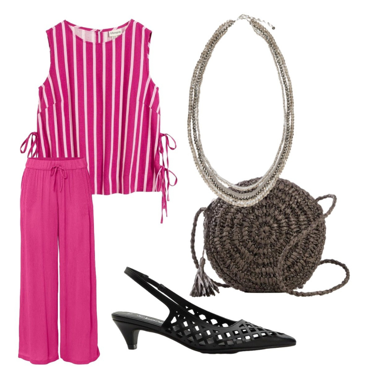 Outfit donna - Giugno fucsia. Stile Casual chic per Tutti i giorni. Abbinamento con canottiere, décolleté, borse a tracolla, pantaloni, collane.