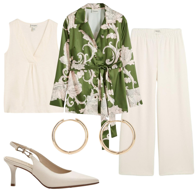 Outfit donna - Total look #2415698. Stile Trendy per Serata fuori. Abbinamento con bluse, pantaloni, décolleté, orecchini, top.