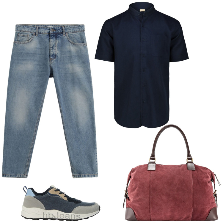 Outfit uomo - Camicetta coreana. Stile Casual per Tutti i giorni. Abbinamento con jeans, sneakers, borse sportive, camicie a manica corta.