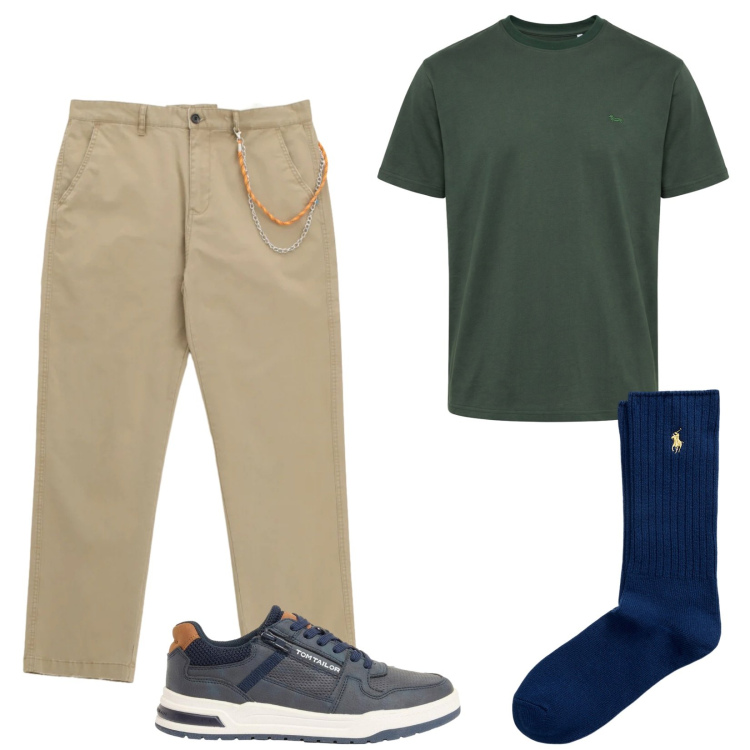 Outfit uomo - Sabbia e Verde. Stile Casual per Tutti i giorni. Abbinamento con sneakers, pantaloni, t-shirt, calzini.
