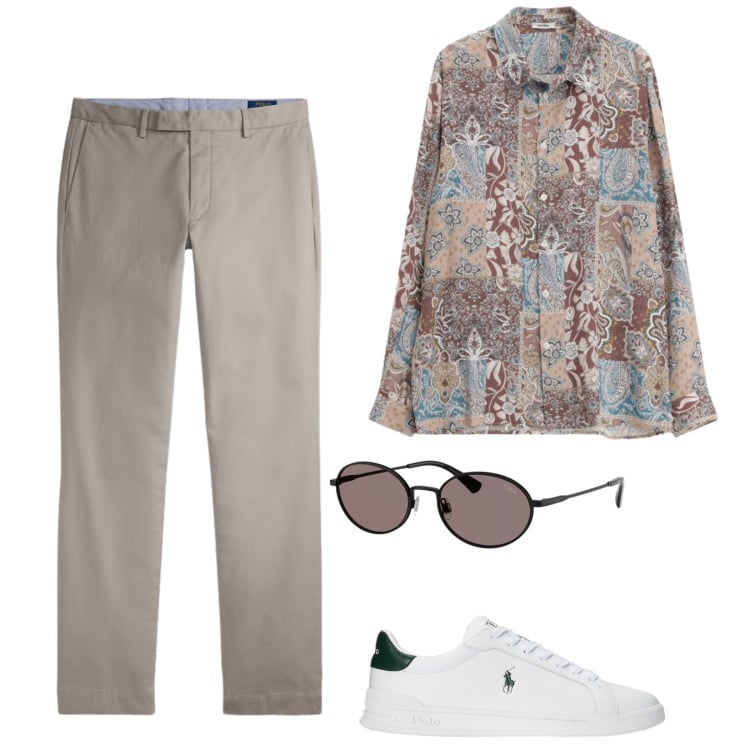 Outfit uomo - Un po\' "damerino". Stile Trendy per Serata speciale. Abbinamento con camicie, pantaloni, sneakers, occhiali da sole.