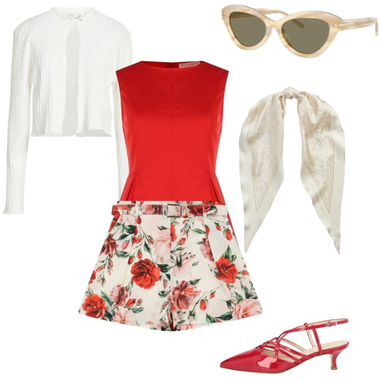 Outfit donna - Domenica in Lambretta. Stile Bon Ton per Tutti i giorni. Abbinamento con cardigans, décolleté, canottiere, shorts, occhiali da sole, foulard.