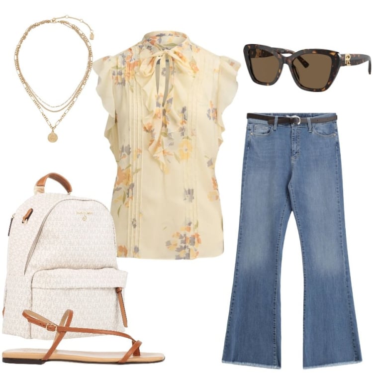 Outfit donna - Total look #2415706. Stile Casual chic per Tutti i giorni. Abbinamento con zaini, infradito, jeans, occhiali da sole, ciondoli, camicie a manica corta.