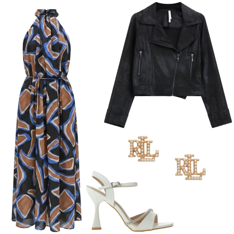 Outfit donna - Abito lungo e Chiodo. Stile Trendy per Serata fuori. Abbinamento con sandali gioiello, giacche, vestiti lunghi, orecchini.