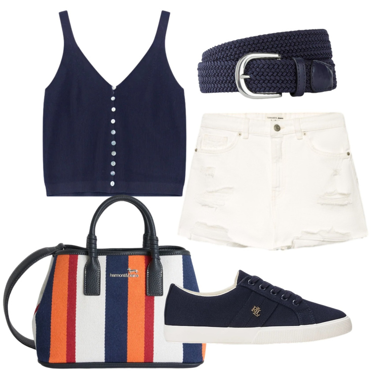 Outfit donna - Total look #2415711. Stile Basic per Tutti i giorni. Abbinamento con cinture, shorts, top, shopping bag, sneakers.