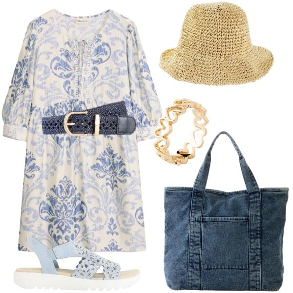 Outfit donna - Total look #2415712. Stile Casual per Mare. Abbinamento con cinture, vestiti corti, sandali col tacco, cappelli, shopping bag, anelli.