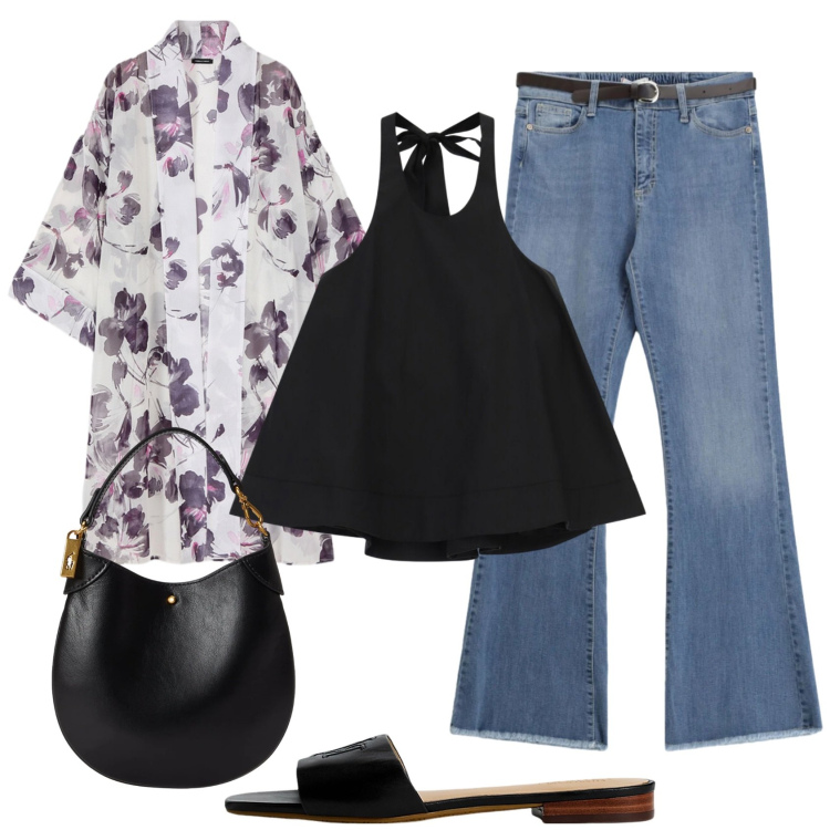 Outfit donna - Total look #2415713. Stile Casual chic per Tutti i giorni. Abbinamento con top, jeans, caftani, ciabatte, pochette.