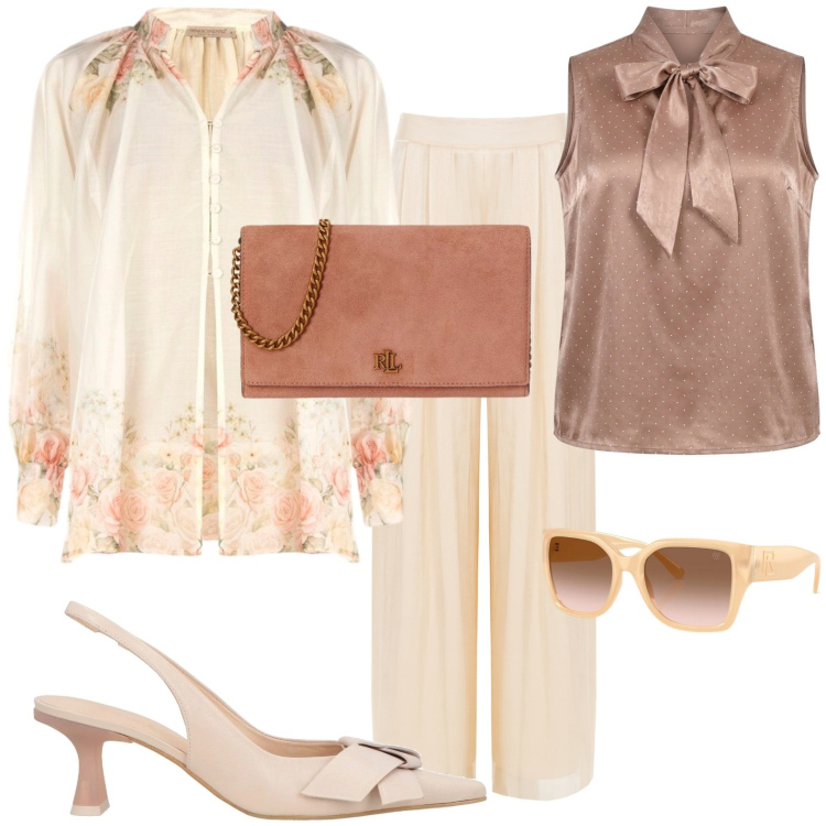 Outfit donna - Chic in cipria. Stile Chic per Serata fuori. Abbinamento con décolleté, pantaloni a palazzo, canottiere, bluse, occhiali da sole, borse a tracolla.