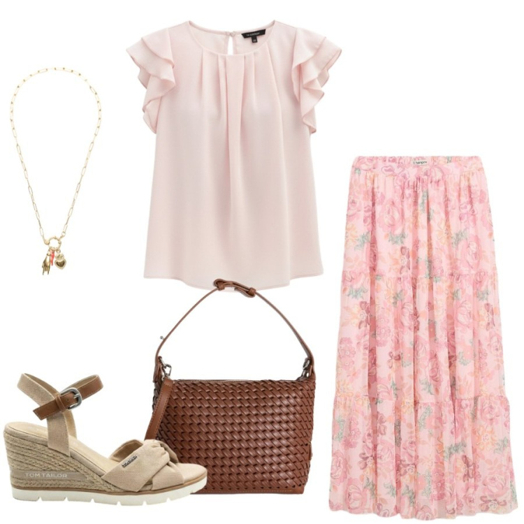 Outfit donna - Total look #2415716. Stile Casual chic per Tutti i giorni. Abbinamento con gonne lunghe, sandali col tacco, canottiere, borse a spalla, ciondoli.