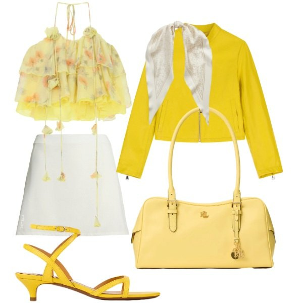 Outfit donna - Total look #2415719. Stile Trendy per Serata fuori. Abbinamento con top, giacche, minigonne, sandali col tacco, borse a mano, foulard.