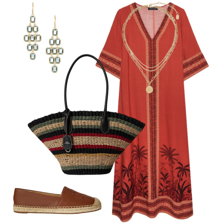 Outfit donna - Moroccan style curvy. Stile Etnico per Mare. Abbinamento con caftani, espadrillas, ciondoli, borse tote, orecchini.