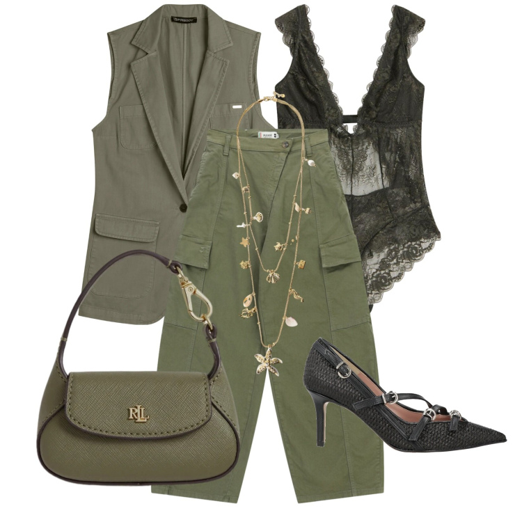 Outfit donna - Total look #2415722. Stile Military per Serata fuori. Abbinamento con décolleté, body, collane, pantaloni cargo, gilet, borse a mano.