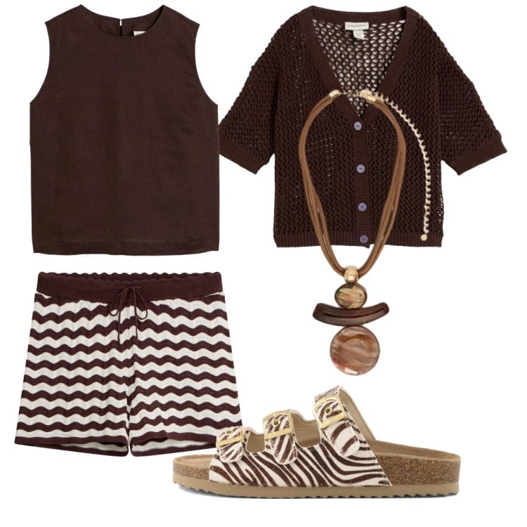 Outfit donna - Festa in spiaggia. Stile Boho per Serata fuori. Abbinamento con shorts, canottiere, cardigans, ciondoli, sandali in pelle.