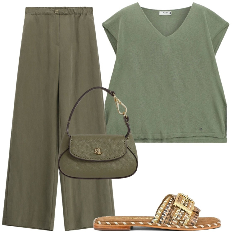 Outfit donna - Sfumature di verde. Stile Casual chic per Tutti i giorni. Abbinamento con pantaloni a palazzo, top, borse a mano, ciabatte.