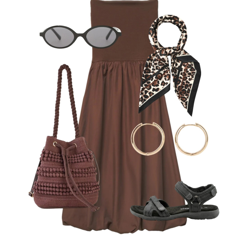 Outfit donna - Total look #2415737. Stile Casual per Tutti i giorni. Abbinamento con orecchini, borse a secchiello, sandali, foulard, vestiti midi/longuette, occhiali da sole.
