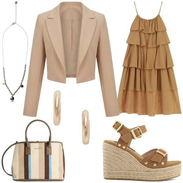 Outfit donna - Total look #2415738. Abbinamento con bolero, shopping bag, vestiti lunghi, ciondoli, orecchini, zeppe.
