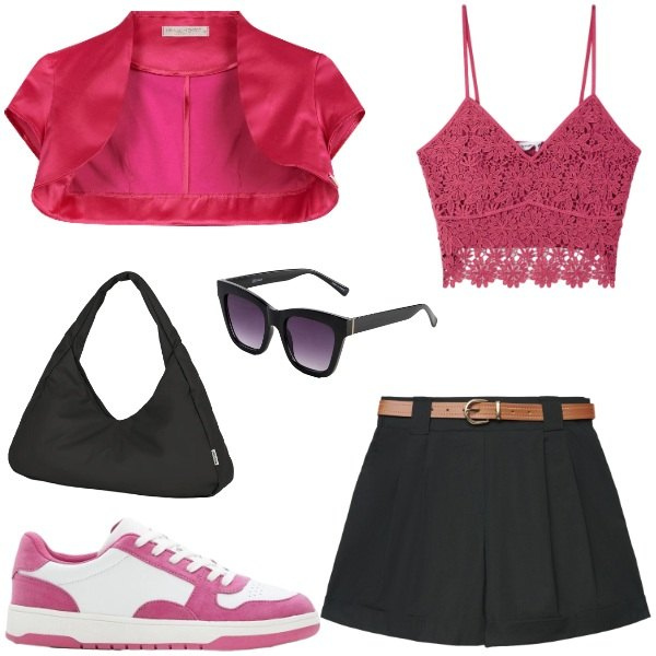 Outfit donna - Total look #2415742. Abbinamento con sneakers, occhiali da sole, shorts, top, bolero, borse a spalla.