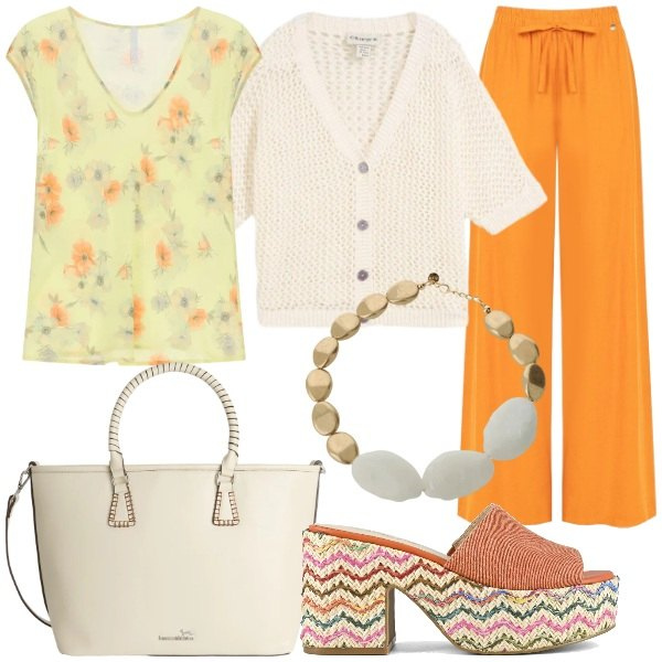 Outfit donna - L’estate inizia in città. Stile Glamour per Serata fuori. Abbinamento con cardigans, pantaloni a palazzo, top, shopping bag, collane, sandali.
