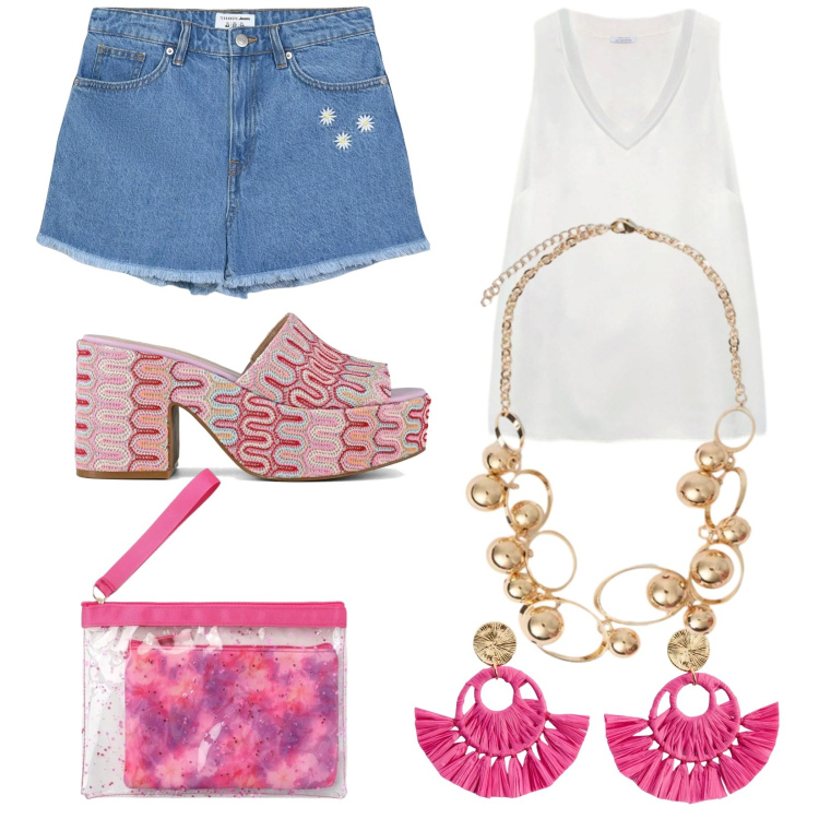 Outfit donna - Total look #2415745. Stile Casual per Tutti i giorni. Abbinamento con orecchini, shorts, pochette, top, collane, sabot.