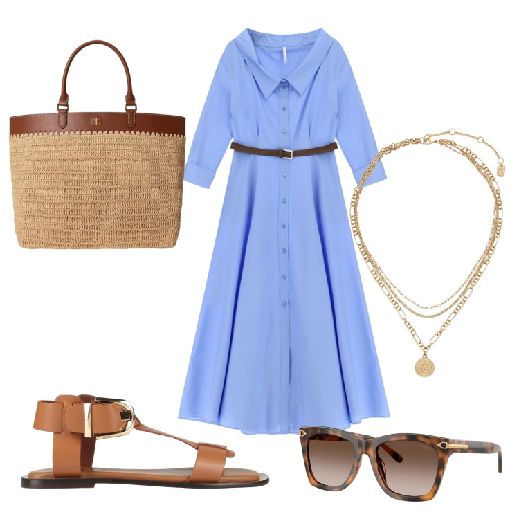 Outfit donna - Dolce giugno. Stile Casual chic per Serata fuori. Abbinamento con sandali alla schiava, vestiti chemisier, ciondoli, borse tote, occhiali da sole.