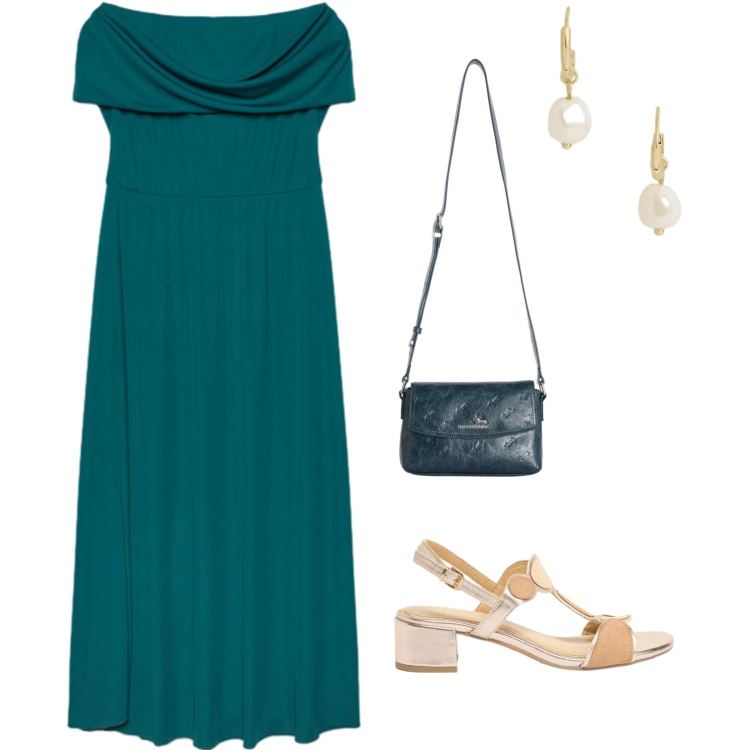 Outfit donna - Sere estive. per Serata fuori. Abbinamento con sandali col tacco, borse a tracolla, vestiti lunghi, orecchini.