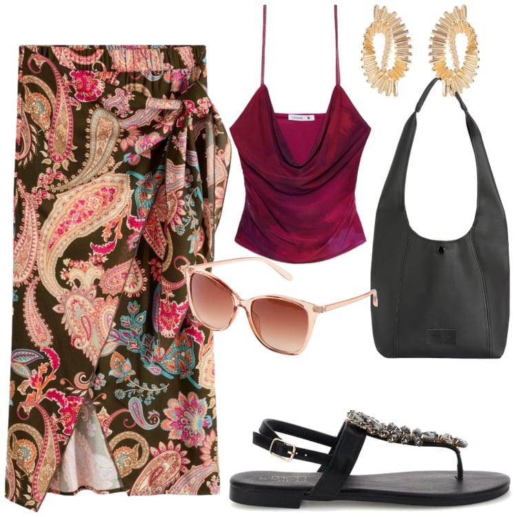 Outfit donna - Meravigliosa estate. Stile Glamour per Tutti i giorni. Abbinamento con gonne longuette, occhiali da sole, top, borse a spalla, orecchini, sandali gioiello.