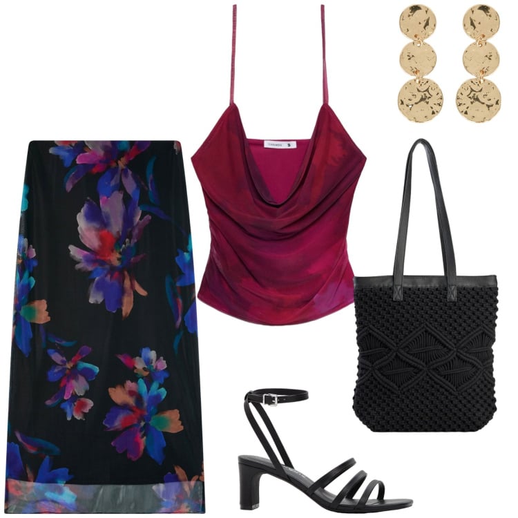 Outfit donna - Serate estive. per Serata fuori. Abbinamento con sandali col tacco, shopping bag, gonne lunghe, top, orecchini.