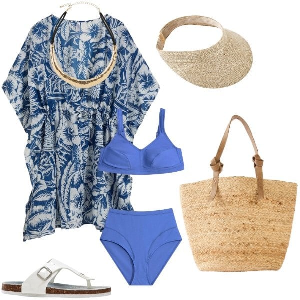Outfit donna - Total look #2415750. Stile Etnico per Mare. Abbinamento con bikini, cappelli con visiera, infradito, shopping bag, collane, vestiti da spiaggia.