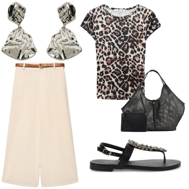 Outfit donna - More style. per Ufficio. Abbinamento con shopping bag, pantaloni a palazzo, t-shirt, orecchini, sandali gioiello.