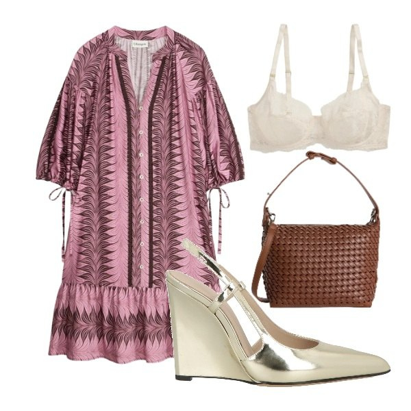 Outfit donna - abito fluido#1. Stile Etnico per Tutti i giorni. Abbinamento con décolleté, vestiti corti, borse a spalla, reggiseni.