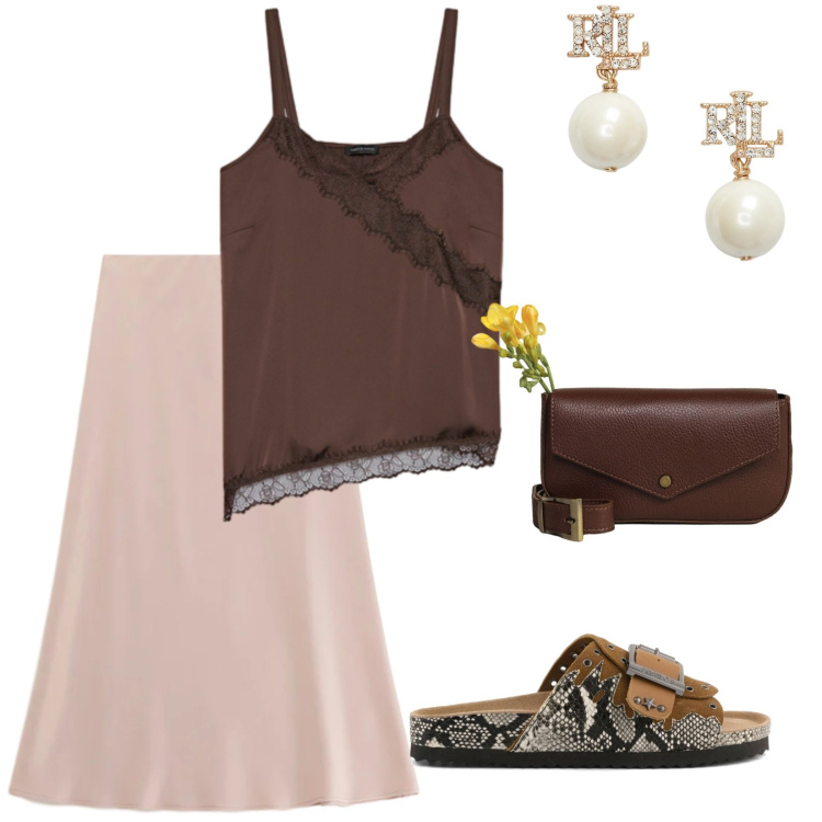 Outfit donna - Sandali bassi. per Tutti i giorni. Abbinamento con gonne longuette, borse a tracolla, top, orecchini, sandali.