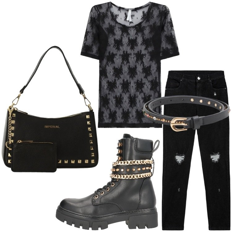 Outfit donna - Concerto rock. Stile Rock per Serata fuori. Abbinamento con anfibi, cinture, borse a spalla, t-shirt, jeans skinny.
