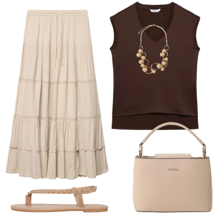 Outfit donna - Colori naturali. Stile Boho per Tutti i giorni. Abbinamento con gonne lunghe, top, ciabatte, borse a secchiello, collane.
