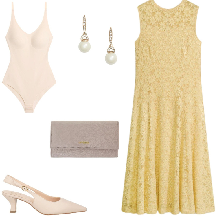 Outfit donna - L\'abito in pizzo per una cerimonia. Stile Glamour per Cerimonia. Abbinamento con décolleté, vestiti midi/longuette, body, portafogli, orecchini.