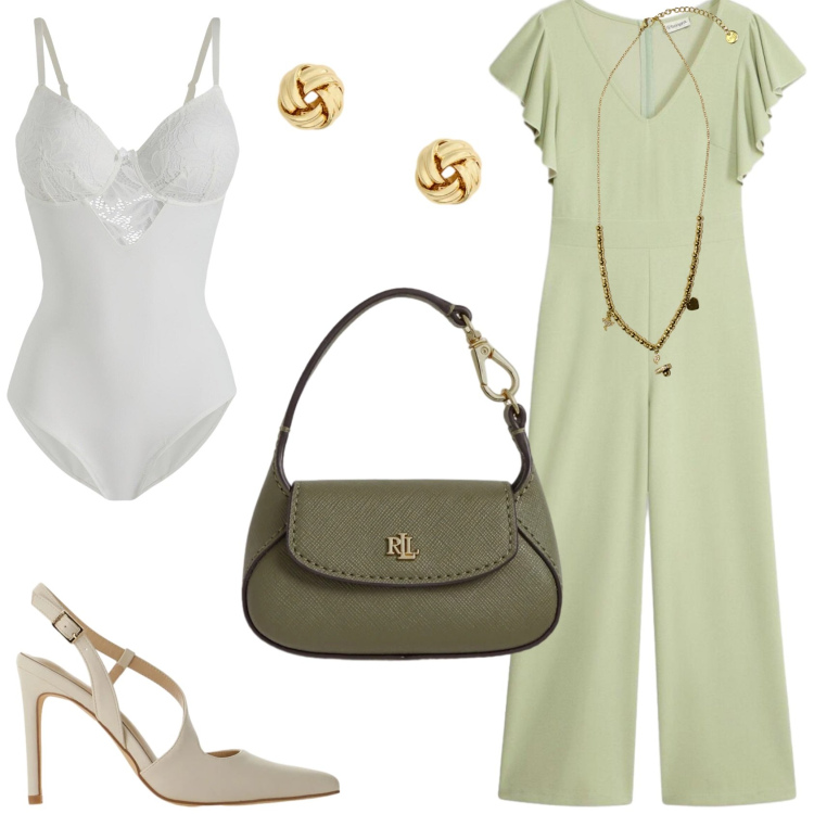Outfit donna - Apericena. Stile Glamour per Serata fuori. Abbinamento con tute, body, décolleté, ciondoli, orecchini, borse a mano.
