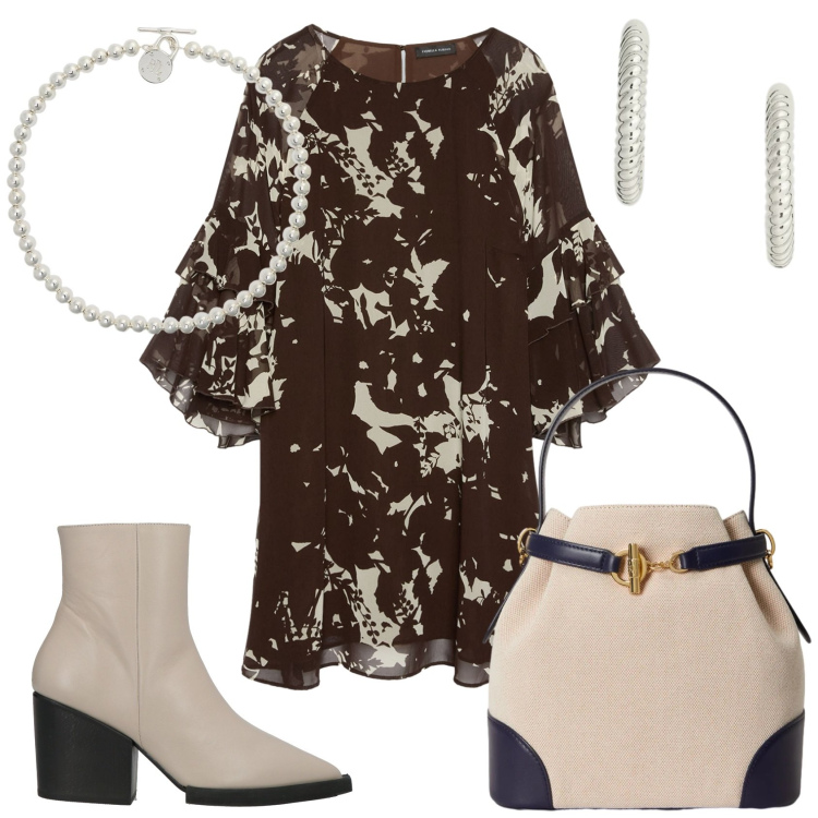 Outfit donna - Total look #2415770. Stile Casual chic per Ufficio. Abbinamento con stivaletti, vestiti corti, collane, orecchini, borse a secchiello.
