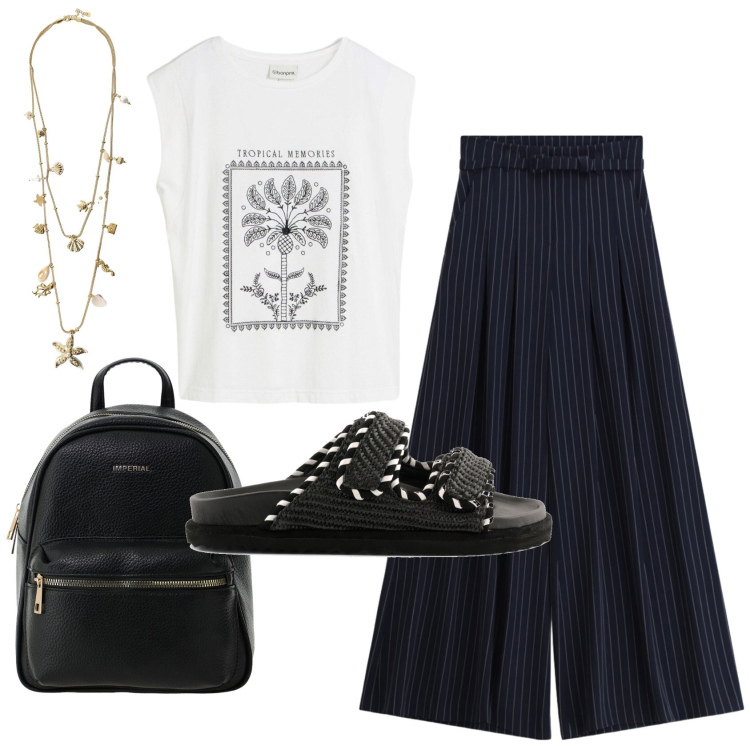 Outfit donna - Total look #2415771. Stile Rock per Ufficio. Abbinamento con canottiere, pantaloni a palazzo, zaini, collane, sandali.
