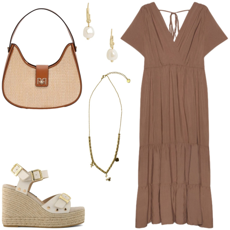 Outfit donna - Comfort e femminilità. Stile Basic per Tutti i giorni. Abbinamento con borse a spalla, ciondoli, vestiti lunghi, orecchini, zeppe.