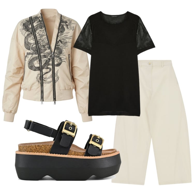 Outfit donna - Total look #2415773. Stile Casual per Tutti i giorni. Abbinamento con jeans, t-shirt, bomber, sandali col tacco.