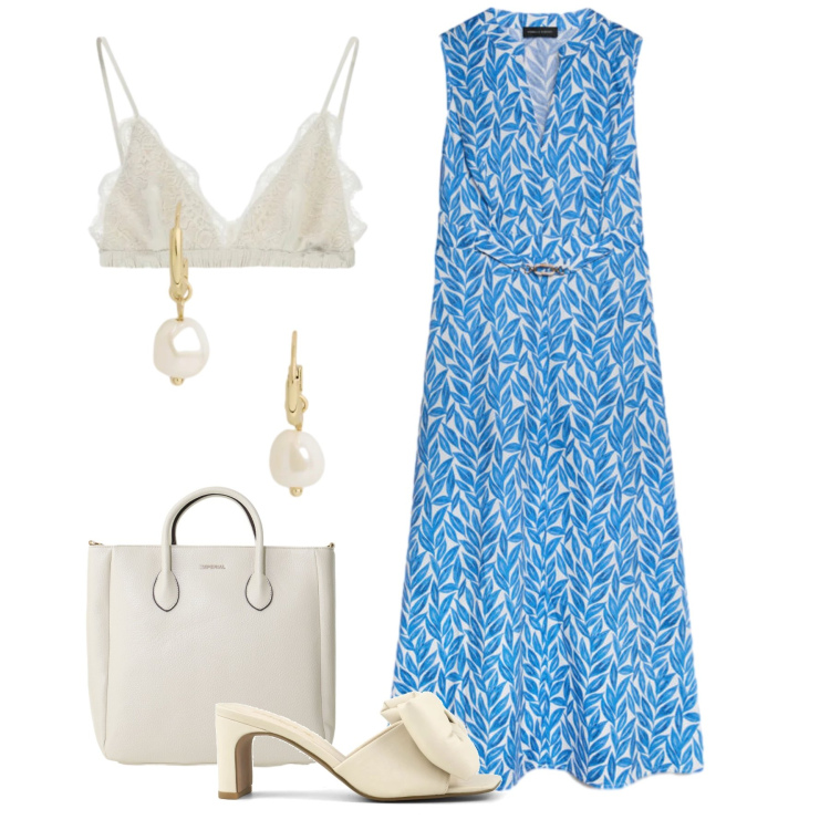 Outfit donna - Abito fresco daily. Stile Glamour per Tutti i giorni. Abbinamento con reggiseni, borse a tracolla, vestiti lunghi, orecchini, sandali col tacco.