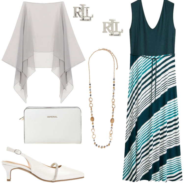 Outfit donna - Una serata fuori in estate. Stile Chic per Serata fuori. look ideale per Petite. Abbinamento con décolleté, vestiti lunghi, borse a tracolla, cappe, collane, orecchini.