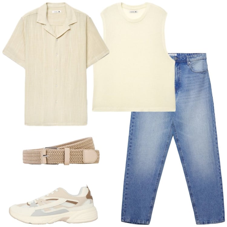 Outfit uomo - Camicie aperte e layering leggero. Stile Casual per Tutti i giorni. Abbinamento con cinture, canottiere, jeans, sneakers, camicie a manica corta.