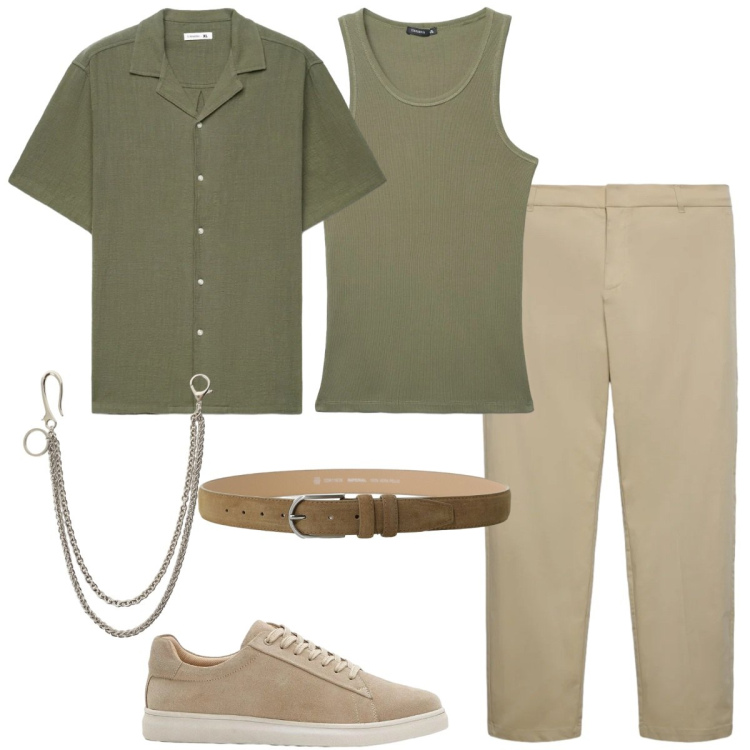 Outfit uomo - Colori mediterranei. Stile Casual per Tutti i giorni. Abbinamento con sneakers, canottiere, camicie a manica corta, pantaloni chino, cinture, portachiavi.
