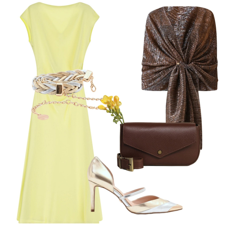 Outfit donna - Aperitivo. Stile Chic per Serata fuori. Abbinamento con cinture, stole, décolleté, vestiti midi/longuette, borse a tracolla.