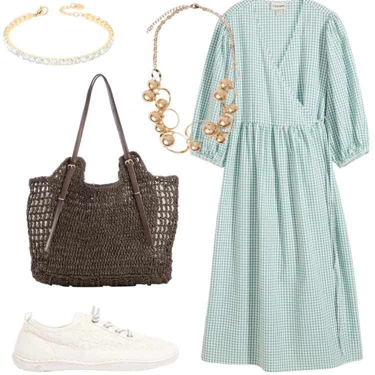 Outfit donna - L\'abito fluido sotto il sole. Stile Romantica per Tutti i giorni. Abbinamento con vestiti, shopping bag, sneakers, braccialetti, collane.