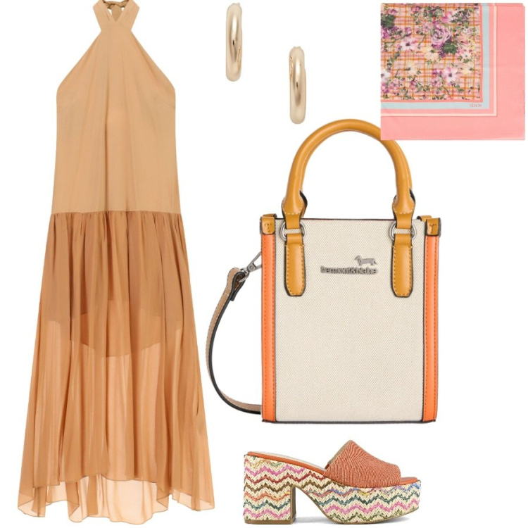 Outfit donna - Versatilità. Stile Chic per Serata fuori. Abbinamento con borse tote, foulard, vestiti lunghi, orecchini, sandali.