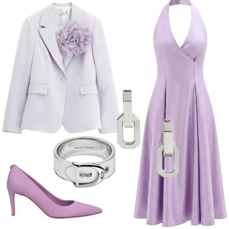 Outfit donna - Total look #2415788. Stile Chic per Cerimonia. Abbinamento con décolleté, vestiti midi/longuette, blazer, orecchini, anelli.