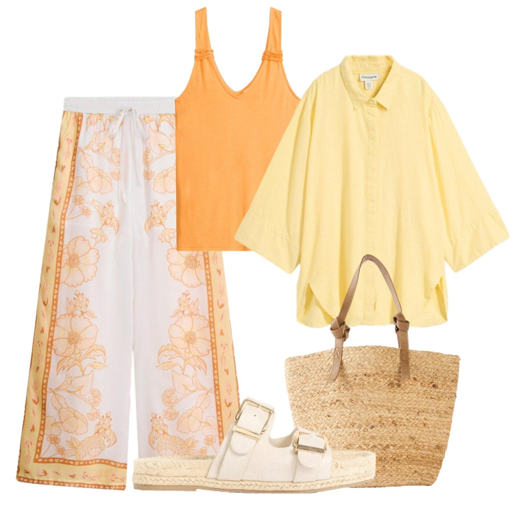 Outfit donna - Solare e leggera. Stile Urban per Tutti i giorni. Abbinamento con ciabatte, pantaloni a palazzo, shopping bag, camicie, canottiere.