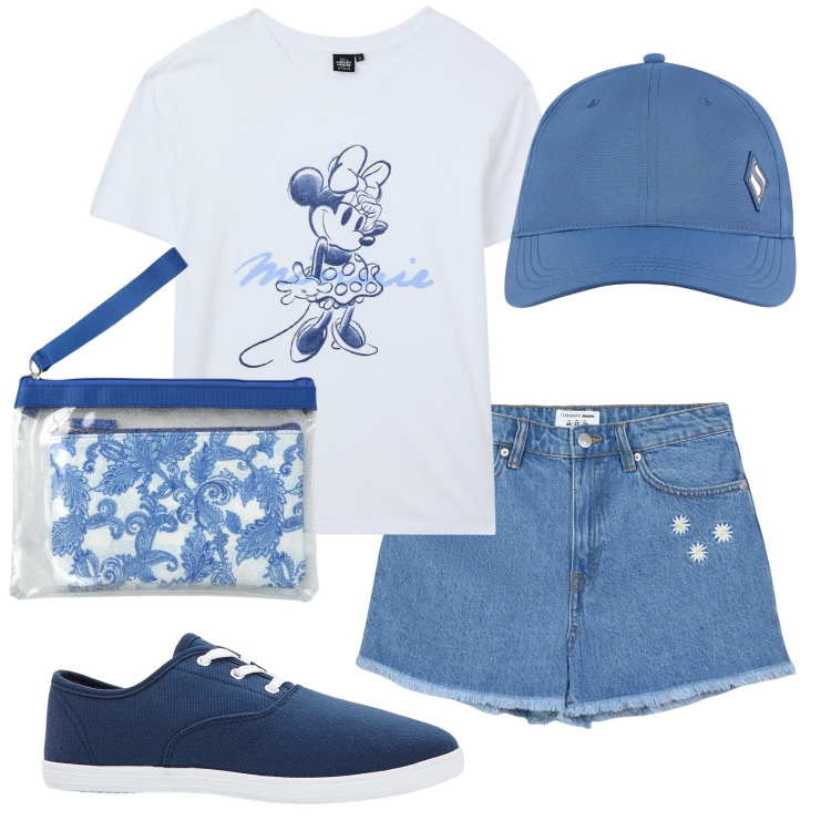 Outfit donna - Total look #2415793. Stile Casual per Mare. Abbinamento con sneakers, cappelli con visiera, t-shirt, shorts, pochette.